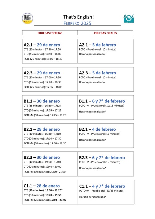 CALENDARIO EXÁMENES THAT´S ENGLISH FEBRERO 2025