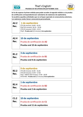 CALENDARIO DE EXÁMENES THAT´S ENGLISH SEPTIEMBRE 26